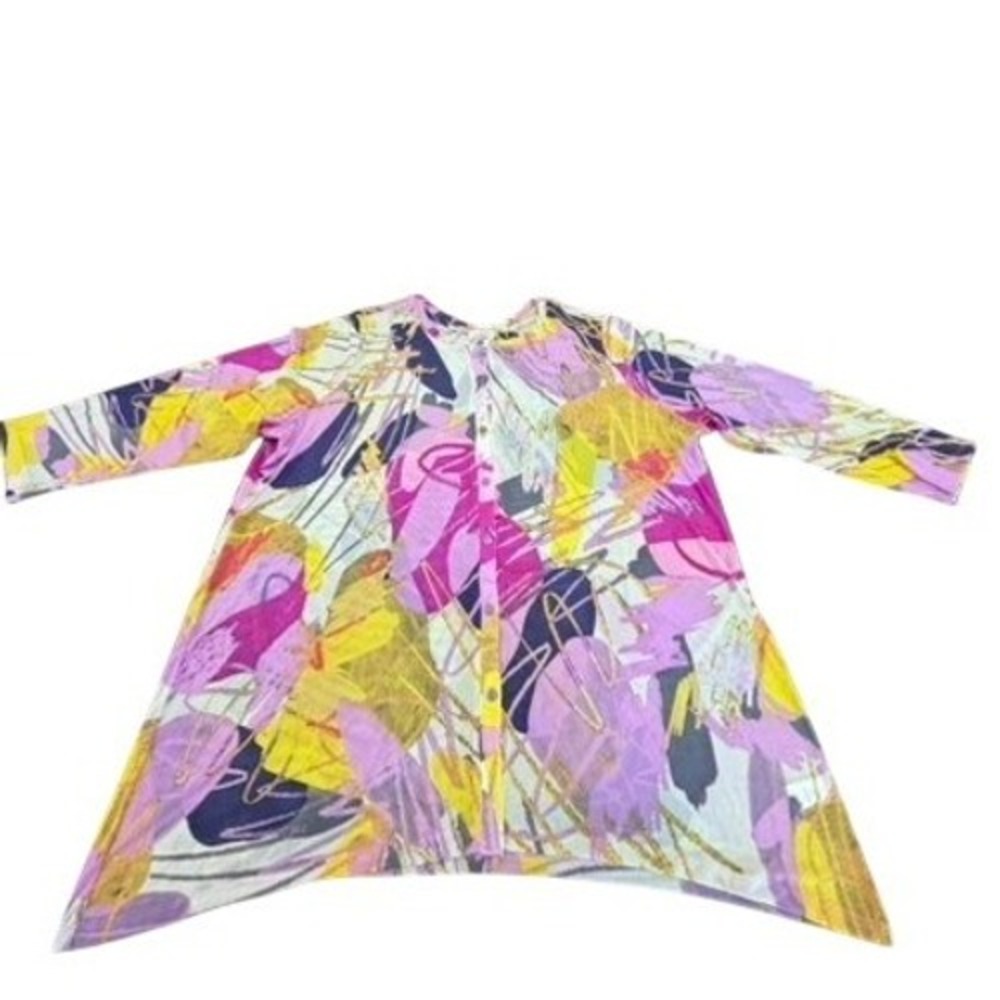 NEW LOGO Abstract Mesh Button Up Sharkbite Tunic XL Multicolor Art‎ Gypsy Summer